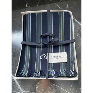 Trussardi Casa Throw Wool Blend Made In Italy 55x69” Blue, White & Green Stripes